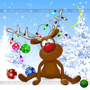 Deer in winter snowy forest on Christmas Eve - vector image