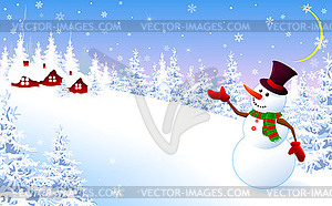 Snowman on winter background, greeting card - vector clipart