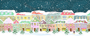 Snowy night in small town, seamless banner - vector image