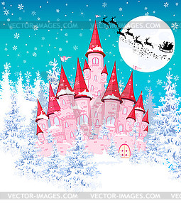 Pink castle in winter forest  - vector clipart