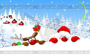 Santa and reindeer against backdrop of forest and - vector clip art