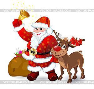 Santa with bell and reindeer - vector clip art