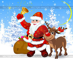 Santa and reindeer on eve of Christmas - vector clip art