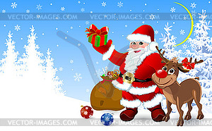 Santa and deer with gifts for Christmas - vector clipart