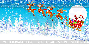 Santa Claus on sleigh with reindeer in winter forest - vector image