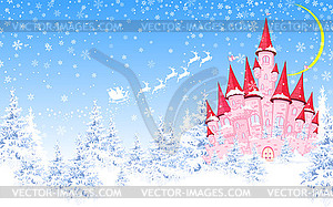 Pink castle, forest, winter, Santa - vector clipart