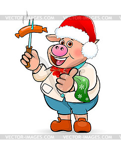 Cartoon pig with sausage in hand - vector image