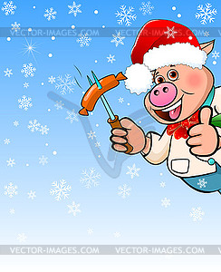 Cartoon pig on blue background with snowflakes - vector image