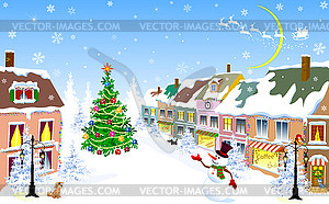 City, Christmas, winter, snowman, Christmas night - vector image