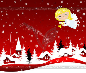 Рождественский ангел в небе в канун Рождества - иллюстрация в векторном формате