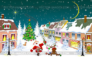 Город зимой. Дед Мороз и олень на Рождество - векторное изображение EPS