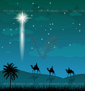 Camel riders, shining star in night sky - vector image