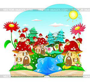 Book, mushroom houses, flowers, landscape - vector clipart