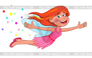 Little flying fairy in pink dress - color vector clipart