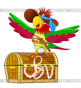 Parrot - pirate on treasure chest - vector image