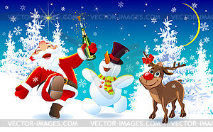 Happy Santa, deer and snowman on Christmas Eve  - vector clipart