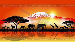 Savannah animals on background of mount Kilimanjaro - vector clipart