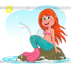 Little joyful mermaid sitting on stone - vector clipart