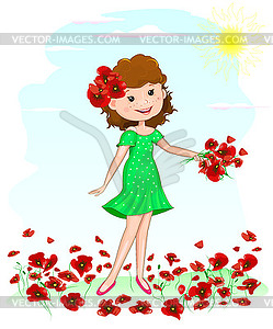 Joyful young girl with red poppies flowers - vector EPS clipart