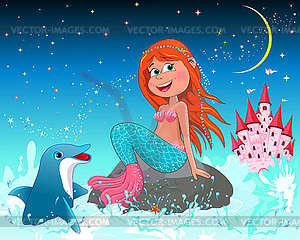 Cute joyful little mermaid and dolphin - vector image