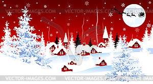 Маленькая деревня в зимнюю рождественскую ночь - векторное изображение EPS