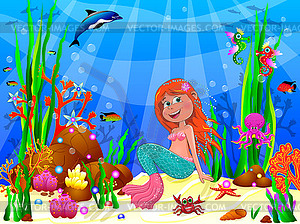 Cute joyful little mermaid in underwater world - vector image