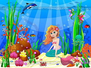 Little Mermaid among inhabitants of underwater world - vector image