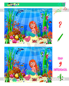 Little mermaid task to find difference - vector image