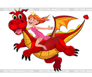 Маленькая принцесса и красный дракон - векторное изображение клипарта