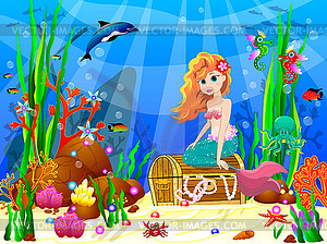 Little Mermaid among inhabitants of underwater worl - vector image