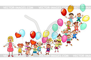 Счастливые дети с воздушными шарами на прогулке - векторное изображение