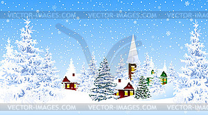 Snow-covered village and forest winter - vector EPS clipart