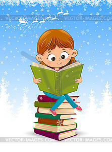 Baby girl reading book at Christmas - vector image