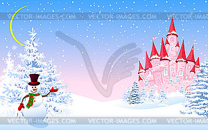 Pink castle winter forest night - vector EPS clipart