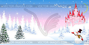 Fairytale castle of princess on background of winter - vector clipart