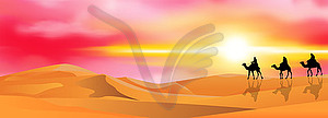 Camel caravan in desert at sunset - stock vector clipart