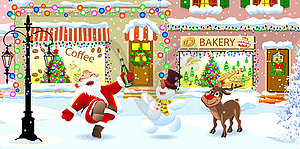 Santa Claus, deer and snowman on snowy city street - vector clip art