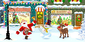 Счастливый Санта, олени и снеговик празднуют - графика в векторном формате