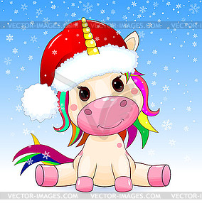 Unicorn baby on winter background with snowflakes - vector image