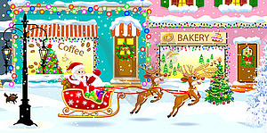 Santa Claus on sleigh with deers on city street - vector image
