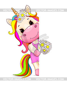 Unicorn baby with flowers - vector clipart