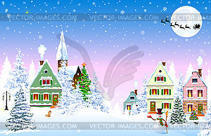 Snowy Christmas night houses scene - vector clipart