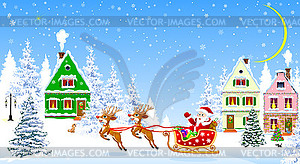 Santa on deers on background of houses and forest - vector image