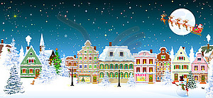 Дома снег рождество санта снеговик - векторный рисунок