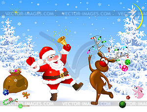 Santa and deer celebrate Christmas - vector clip art