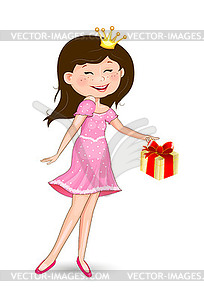 Little joyful princess with gift - vector image