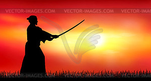 Japanese warrior samurai with sword at sunset - vector clip art