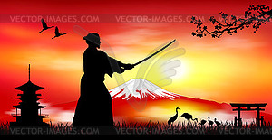 Japanese landscape with samurai warrior - vector image