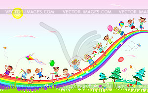 Happy children play on rainbow - vector image