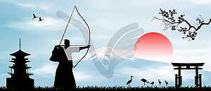Японский лучник на фоне горы Фудзи - изображение в формате EPS